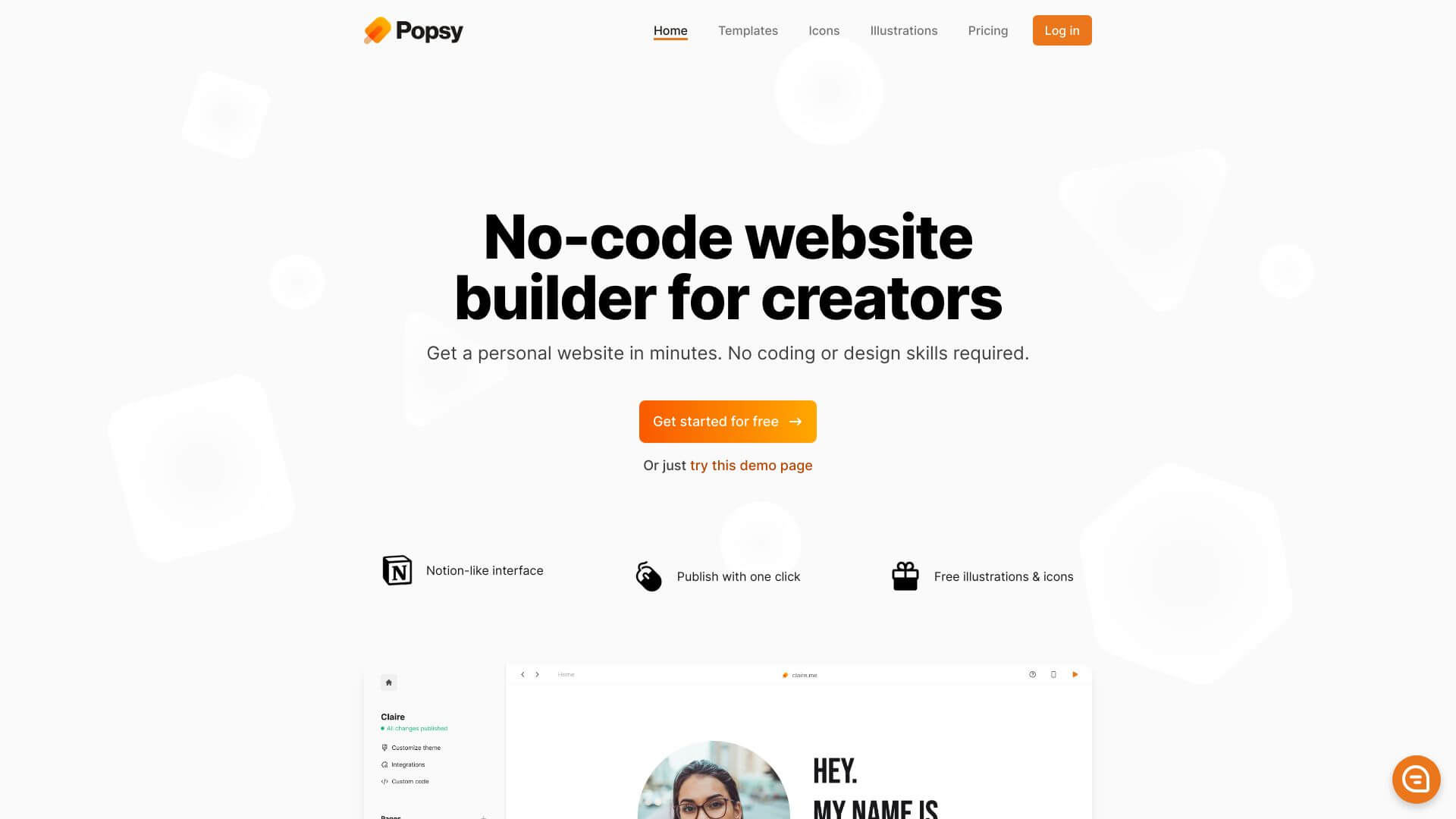 Print screen of Popsy - Free Notion-to-website generator, customize your site's design and navigation without coding.