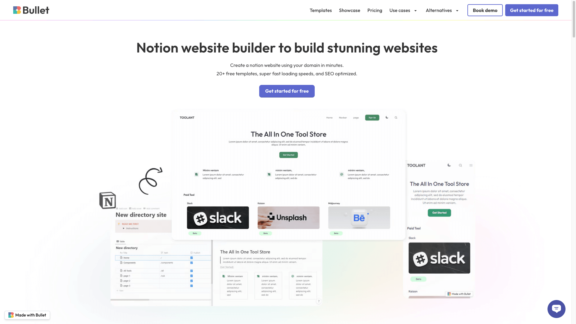 Capture of Bullet.so Notion Website Builder - Screenshot showcasing its intuitive interface and comprehensive SEO features.